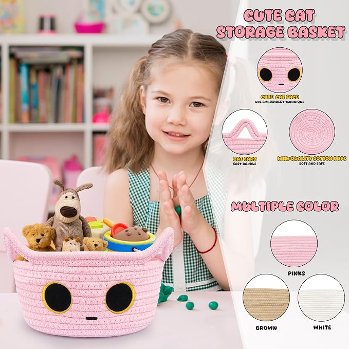 Small Storage Cute Cat Basket, Pink Cotton Rope Woven Basket for Nursery | Blanket Basket Baby Toy Storage Organizer With Ears for Gifts Cat Dog Bin Toys 8.5×4.5 inches