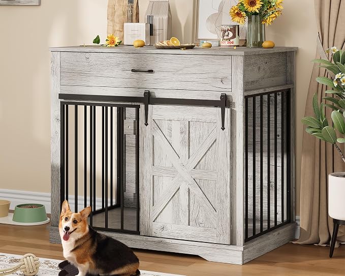 GarveeHome Dog Crate Furniture, 37.8" Large Dog Kennel Indoor, Wooden Kennel Table with Sliding Barn Door and Storage Drawer, Indoor Dog House for Large/Medium/Small Dogs