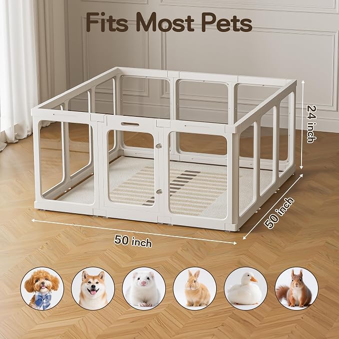 Jalove 24“ H Acrylic Dog Playpen Indoor, Easy Assemble Clear Pet Play Pen | Ideal for Small Dogs,Relieves Pet Anxiety, Plastic Pet Playpen with Door, Rabbit, Dog Pen, Small Cage, White,12 PCS