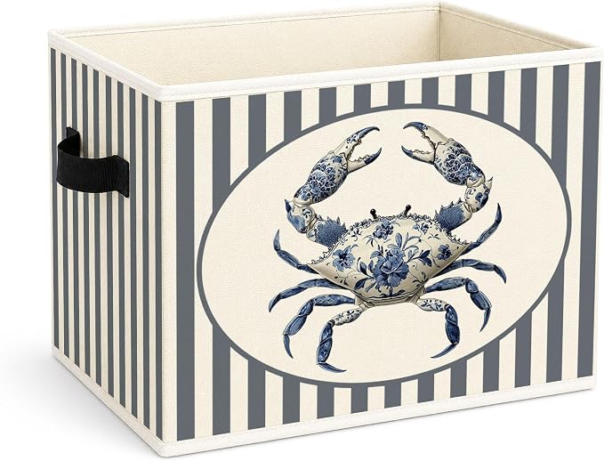Crab Storage Bin, Foldable Fabric Basket for Kids Room Bathroom | Foldable fabric storage bin with coastal crab design for toys, books, clothes, nursery, bathroom, and playroom use.
