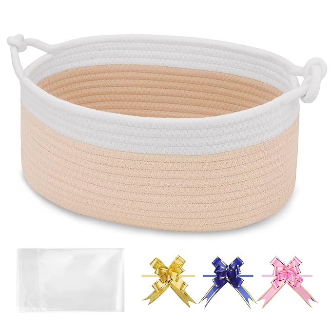 Small Empty Gift Basket with Bag & Ribbons, White & Beige | 12“x8”x5”, Cotton Rope Woven Basket for Birthdays, Baby Showers, Mother's Day, Christmas; Stores Small Items, Kids & Pet Toys