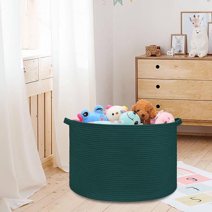Large Cotton Rope Blanket Basket, 87L Laundry Hamper, Dark Green