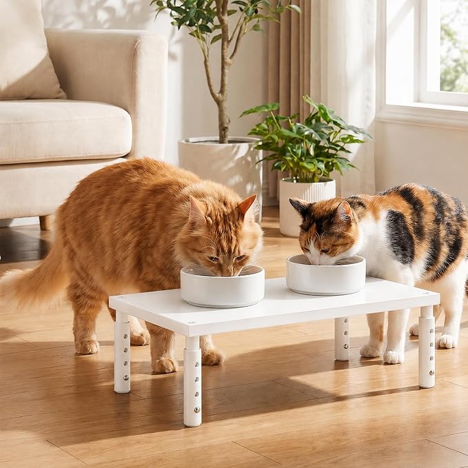 OPNICE Adjustable Cat Food Stand, Elevated Cat Feeder Stand with 4 Height Settings, Automatic Cat Feeder & Tradition Bowls, Raised Pet Feeding Table Station for Cats & Small Dogs, White Wood