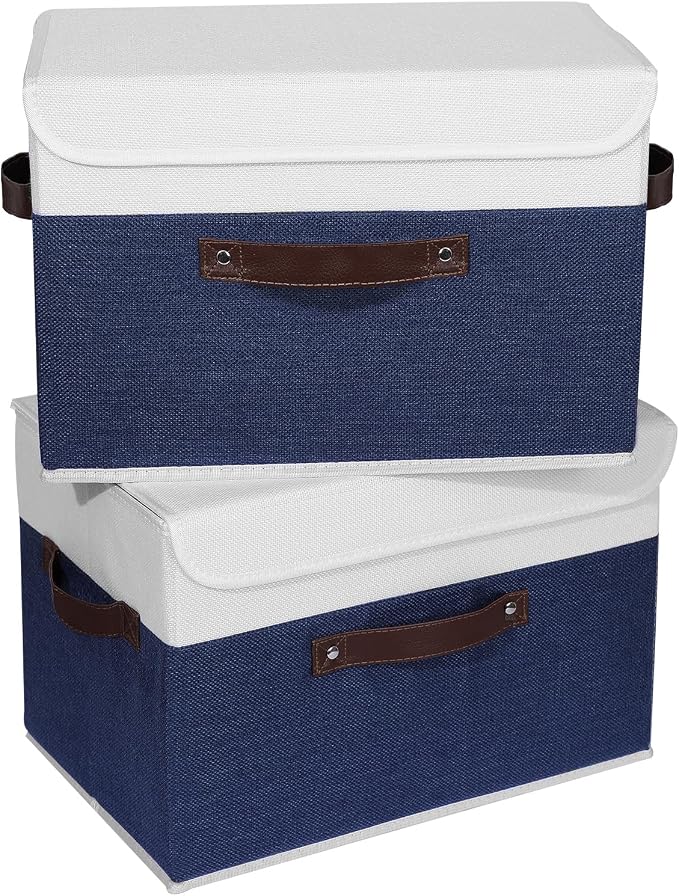ANMINY Fabric Storage Box Bins with Lids, Blue White, 15"x10"x10", 2 Pack | Keepsake Memory Storage, Cotton Linen, PP Board Reinforced, Washable, PU Handles, Foldable & Stackable, Decorative, Large