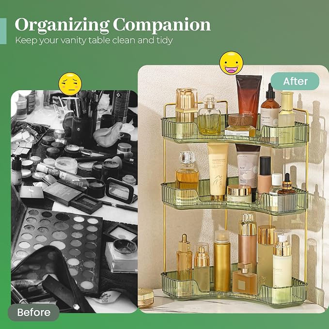 Aveniee Corner Bathroom Counter Organizer, 3 Tier Makeup Perfume Storage for Vanity, Countertop SkinCare Stand Shelf Holder for Women (Green)