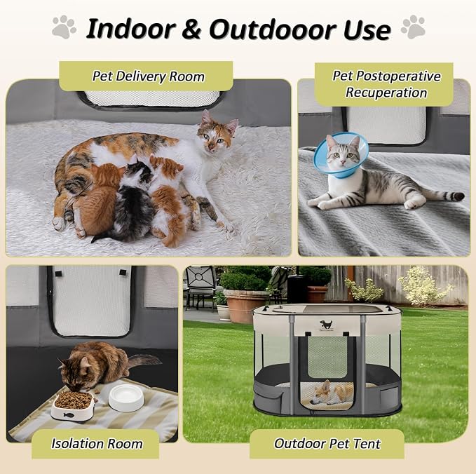 Dog Playpen, Foldable Kitten Playpen for Medium Dogs, Portable Pet Puppy Playpen with Removable Shade Cover, Indoor Outdoor Travel Camping Use for Small Pets with Carrying Case (S, Grey)