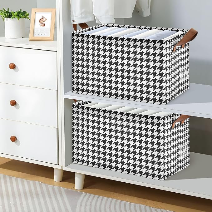 Black and White Houndstooth Classic Storage Basket Foldable Cube Storage Bins with Handles&Labels Waterproof Collapsible Organizer Box Bin Large Rectangle Decorative Baskets for Shelves Home Room