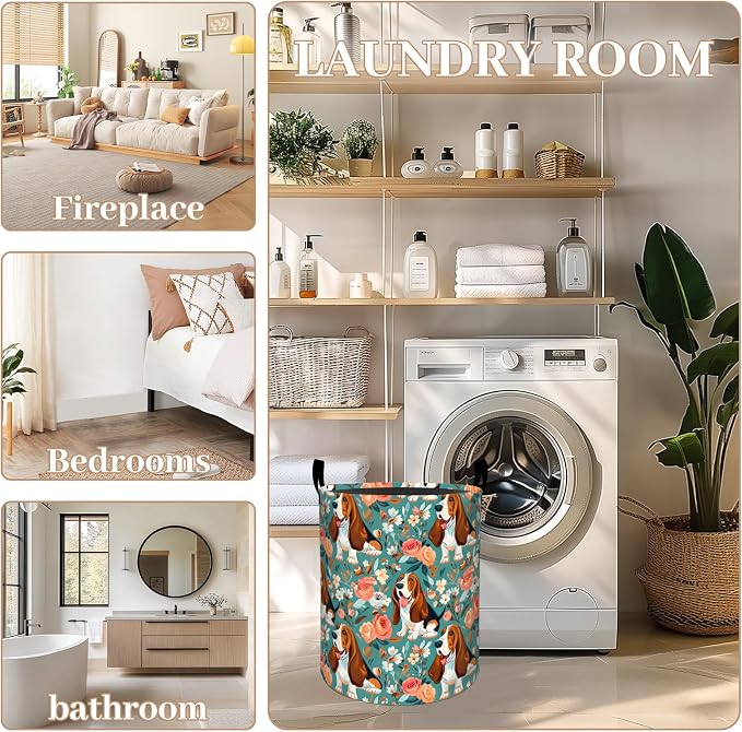 Basset Hound Dog Floral Laundry Basket, Oxford Cloth Playful Dirty Clothes Collapsible Hamper for Room Decor, Puppy and Flower Print Gifts Toy Organizer 19.7*15.7 Inch for Bedroom Bathroom Dorm
