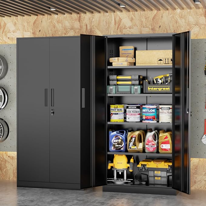 Crownland 72" Metal Storage Cabinet, Lockable Garage Storage Cabinets, High Office Cabinet with Adjustable Shelves for Garage, Home Office, Classroom, Pantry(Classic Black-Narrow Size)