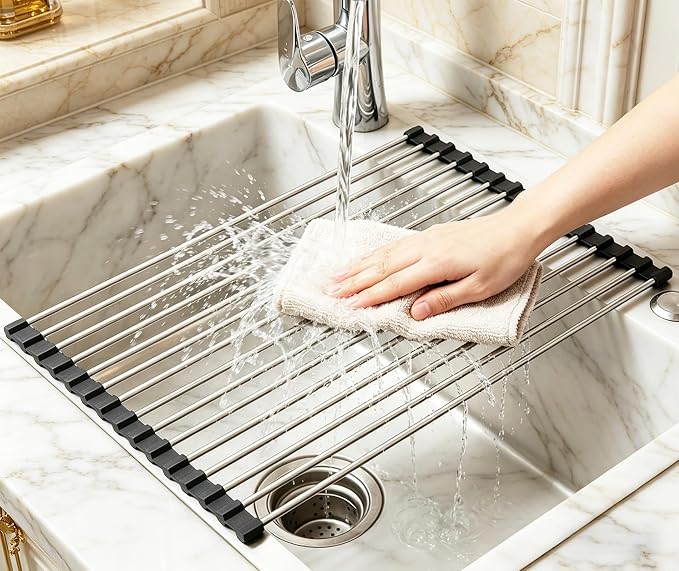Ahyuan Roll up Dish Drying Rack Over The Sink Kitchen Roll up Sink Drying Rack Portable Dish Drainer Foldable Dish Drying Rack (Black, 17.8''X11.8'')