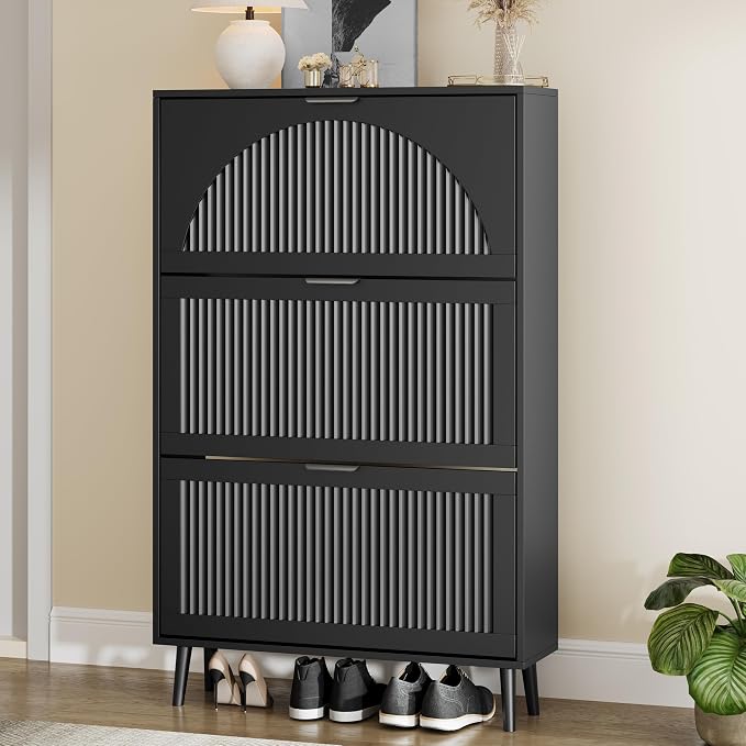 Shoe Storage Cabinet with 3 Flip Drawers, Narrow Wood Shoe Organizer Cabinet with Fluted Panel, Slim Shoe Rack for Entryway, Freestanding Shoe Cabinet for Living Room, Hallway, Black