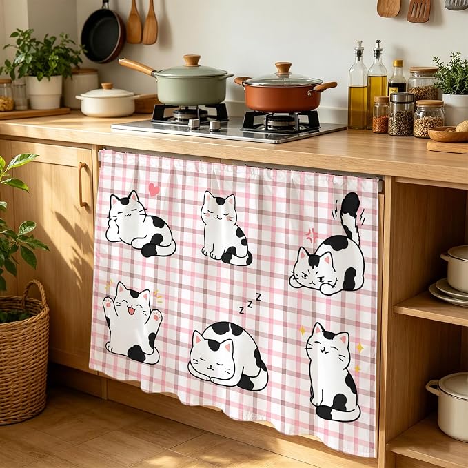 Cute Cat Cabinet Curtain 35"Wx35"L, Dustproof Under Sink Skirt with Self Adhesive Tape, Modern Playful Pet Cats Pink Brown Plaid Cabinet Curtain Cover for Kitchen Sink, Bathroom Vanity, Laundry Room