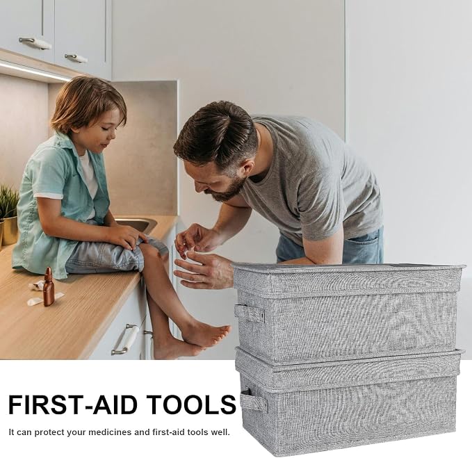 First Aid Box and Pet Frist Aid Kit Case Set, Fabric Medicine Storage Box Empty, Divided First Aid Supplies Organizer Storage with Clear Lid, Emergency Kit Storage Box for Family and Dog-Gray