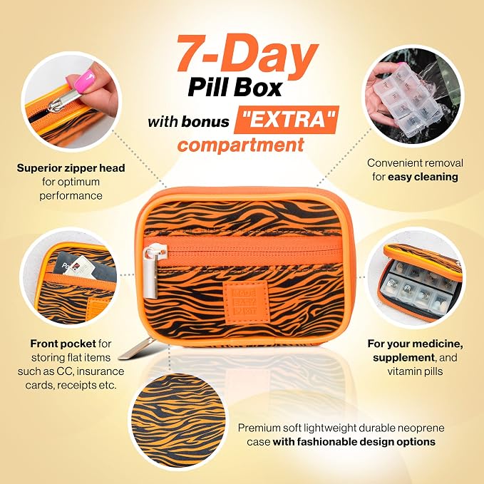 Made Easy Kit Pill Case - Weekly Medicine Organizer with Removable Seven-Day Vitamin & Supplement Box - Premium Neoprene for Travel Purse Accessory (Orange Tiger)