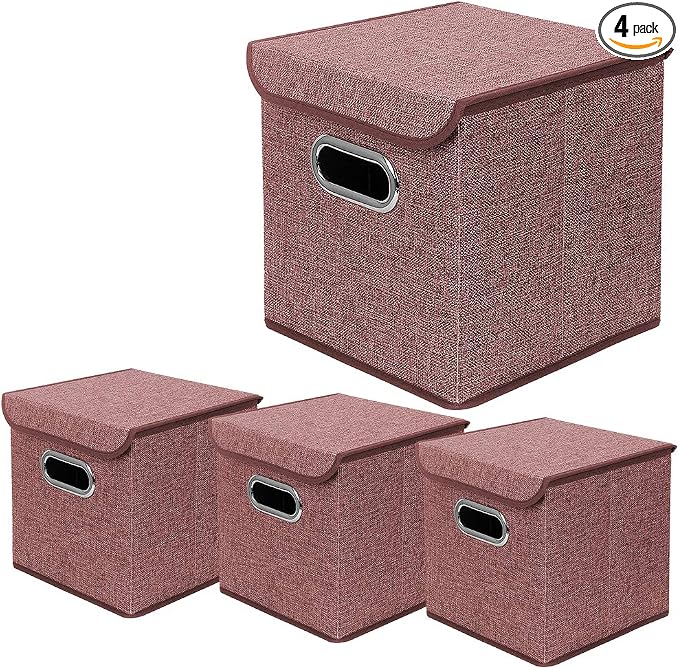 Storage Bin [Set of 4] Linen Fabric Foldable Container with Lid, Collapsible Organizer Boxes Cubes – 10 x 10 x 10 Inches (Red)