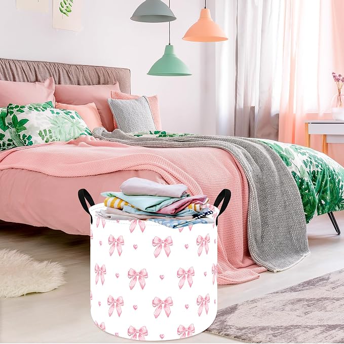 MAIZMZ 3 Pack Pink Storage Baskets for Girls Room, Round Laundry Basket with Handles,Toy Organizer Bin with Water-Resistant Lining, Foldable Nursery Basket for Clothes, Toys, Gifts, Bedroom