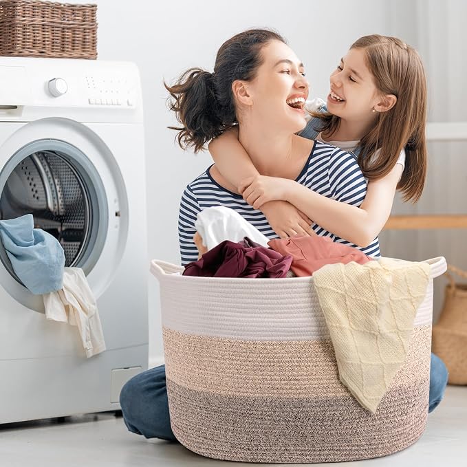 Maliton Woven Rope Blanket Basket Living Room, Storage Toy Basket, 90L | 22"x22"x14" Cotton Rope Basket for blankets, towels & laundry. In Bedroom, Nursery, Bath & Playroom. Soft & durable.