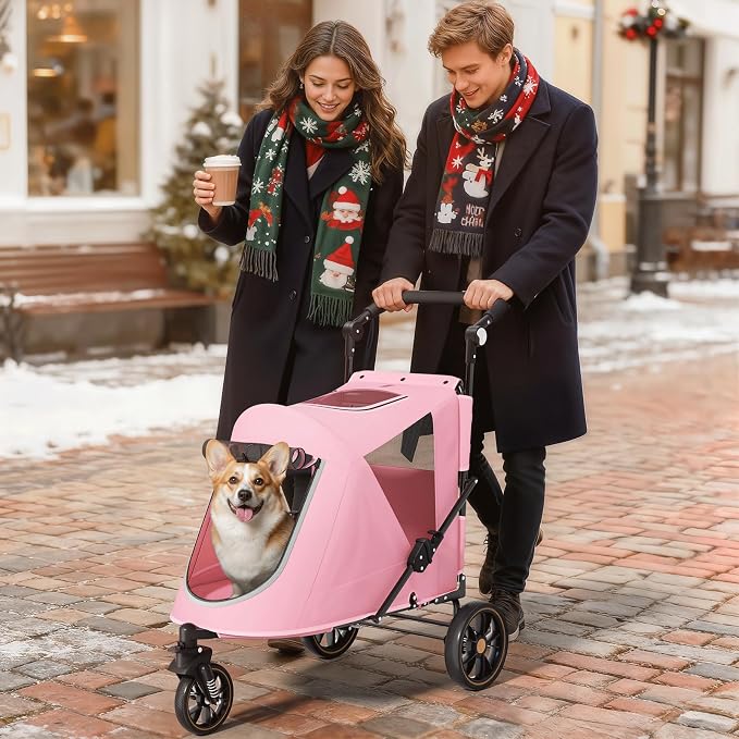 Magshion 3-Wheel Foldable Dog Jogger with Adjustable Handle, Pink | Pet Stroller for Medium Larges, All-Terrain Wheels, Dual Entry, Rear Storage, Breathable Mesh, Up to 55 lbs