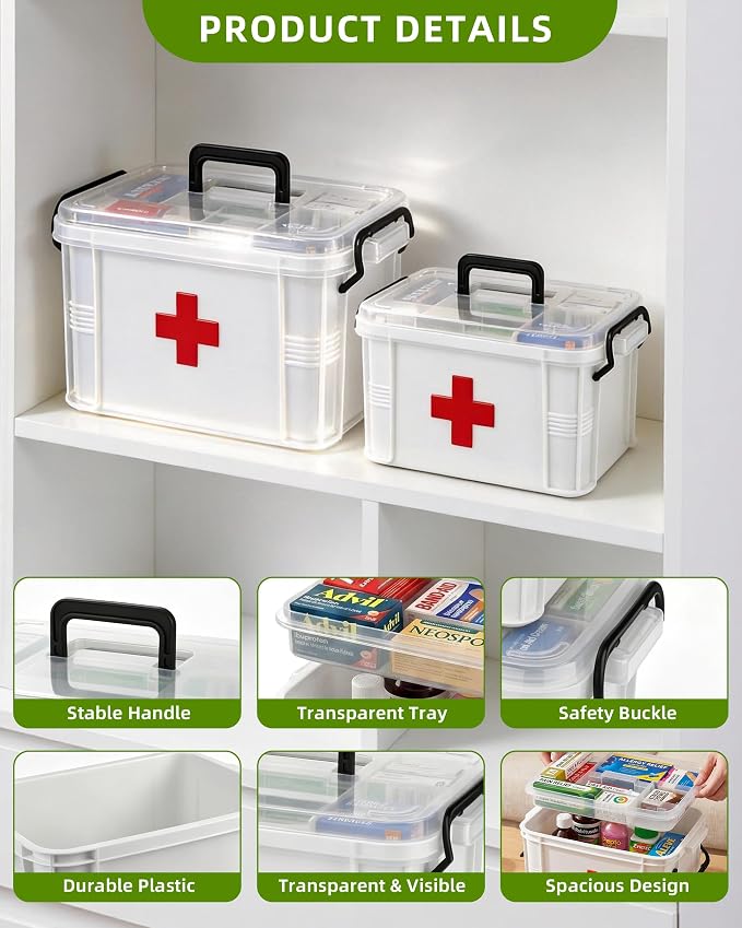 2 Pack Clear Medicine Storage Box with Removable Tray, Large & Small Size Thickened Empty First Aid Box with Carry Handle, Multipurpose Portable Medication Organizer for Home Travel Car Camping