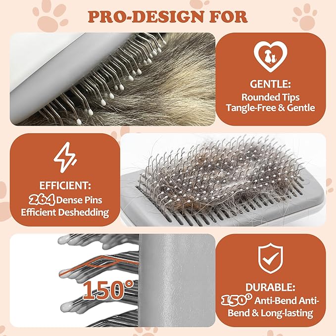 Self Cleaning Slicker Brush - Skin Friendly Pet Shedding Brush for Cats, Puppies, Long & Short Hair, Painless Deshedding & Massaging Tool(White)