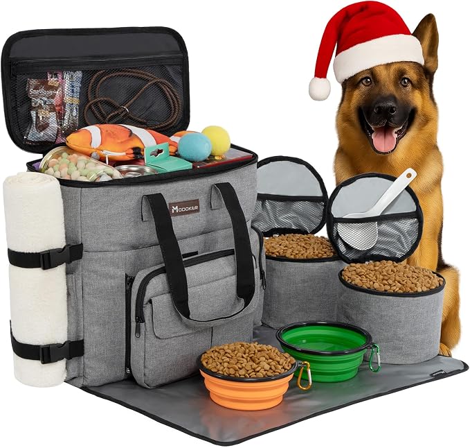 Modoker Dog Travel Organizer with 2 Collapsible Bowls for Supplies & Accessories, Airline Approved Dog Tote Pet Travel Bag with 2 Travel Food Container | Dog travel accessories set with feeding supplies, bowls, mat, and strap. Ideal for weekend trips.
