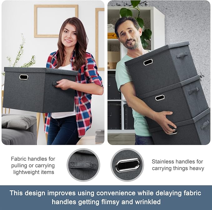 Graciadeco Medium 15" 21 Quart Collapsible Stackable Storage Bins with Lids, 5 Packs Dark Gray Foldable Fabric Closet Storage Boxes with Lids, Lidded Heavy-duty Linen Baskets(15x11x8) | 21 Quart 5 Pack Dark Gray Collapsible Stackable Linen Fabric 4 Han...