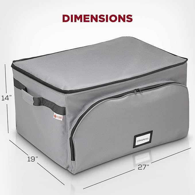 HOLDN’ STORAGE Premium Christmas Ornament Storage Box – Holds up to 72 4” Ornaments, Durable 600D Fabric, Adjustable Dividers, 3 Removable Trays – Metal Frame – Gray