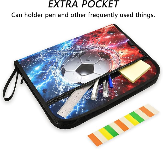 Soccer Neon 13 Pocket File Organizer Expanding File Folder with Front Pouch Portable Business File Storage Document Organizer Folder with Zipper