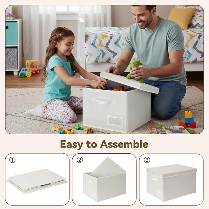 GRANNY SAYS Storage Bins with Lids, Decorative Storage Boxes with Lids | Storage Box with Dust Cover, Handles & Lable, Collapsible, Ideal for Closet Clothes Blanket Toys, Large, Ivory, 3-Pack