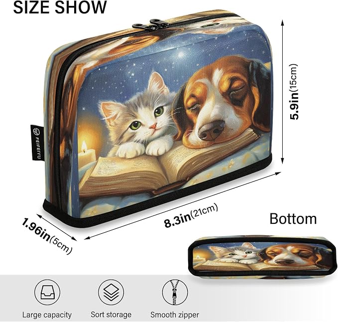 panksolu Cute Pets Cat and Dog Pattern Pencil Case Large Capacity Pencil Pouch with Zipper Portable Pen Bag Organizer Standing Supplies Pen Bag for Office Women Men