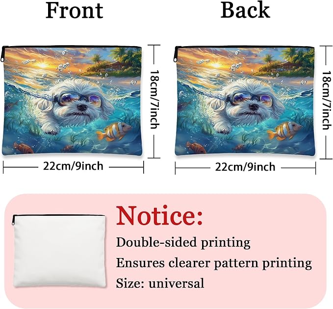 Maltese Dog Makeup Bag, Funny Coastal Beach Ocean Printed Cosmetic Travel Pouch for Women, Pet Portable Small Canvas Zipper Organizer 7x9 Inch