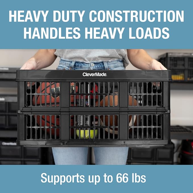 CleverMade Collapsible Utility Crate (Recycled) - 45L - Obsidian (3PK) | Create Stackable Order for Groceries, Tools, and Gear | Each Crate Holds 66 lb, Folds Under 3 Inches, and Carries Easily