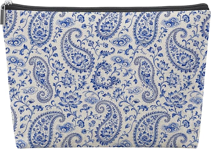 Boho Blue Paisley Empty Mahjong Tile Bag 13x7.8 Inch | Preppy Floral Printed Portable Travel Case Organizer Zipper Pouch for American Mahjong Tiles Game Night Accessories and Gifts
