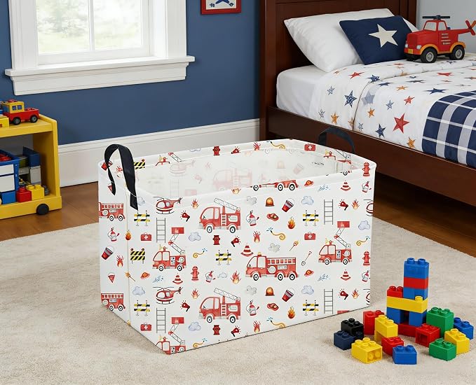 Sanjiaofeng Rectangular Fire Engine Storage Basket,Kids Toy Storage Bin,Nursery Hamper,Kids Storage Basket with Handles,Home Organizer,Books Box,Gift Baskets,Car Room Decor(Fire Engines)