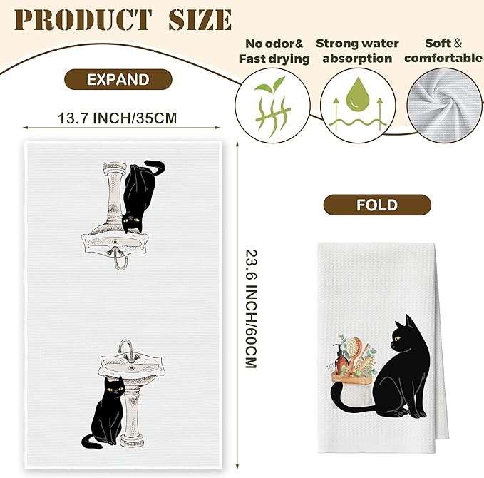 Bath Towels Set of 2, Cute Funny Black Cat Dish Towel for Bathroom Spa Kitchen, Decorative Hand Towels, Fast Drying Tea Towel, Housewarming Xmas Gifts for Cat Lover Women Mom -B27