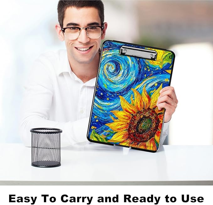 Starry Sunflower A4 Clipboard with Storage Pen Holder, Clipboards Organizer Nursing Clipboard Foldable File Folder Plastic Clipboard Folio Clip Board for Office Students Classroom Doctor