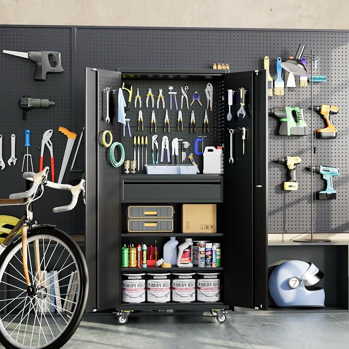 Reemoon Garage Storage Cabinet with Wheels and Doors,Lockable Metal Storage Cabinet with Drawer Pegboard and Hooks for Garage Warehouse Home,Required Assembly,Black,71" H×15" D×30" W
