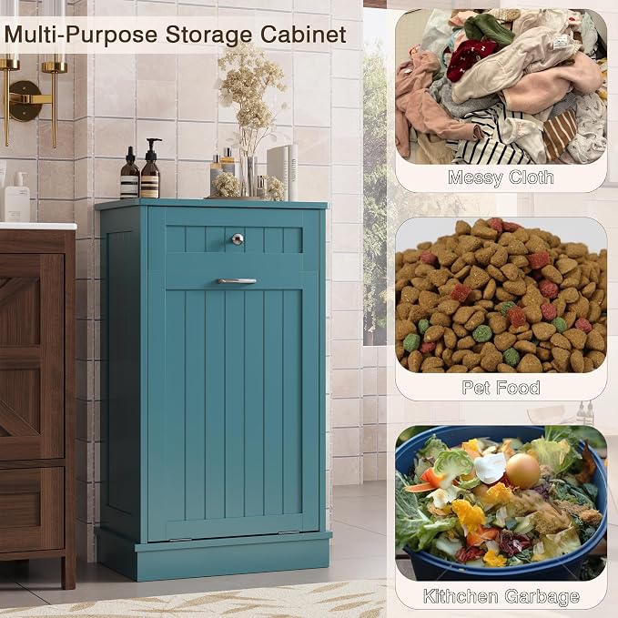 KIGOTY Tilt Out Trash Can Cabinet, Laundry Hamper Cabinet, Teal Blue