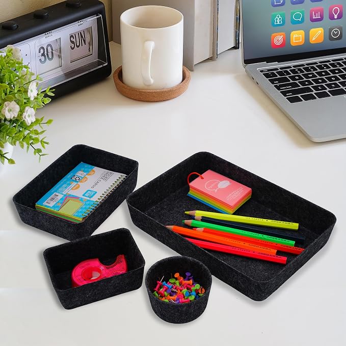 Welaxy Felt Drawer Organizer Bins 7-Piece Carbon Desk Storage Trays