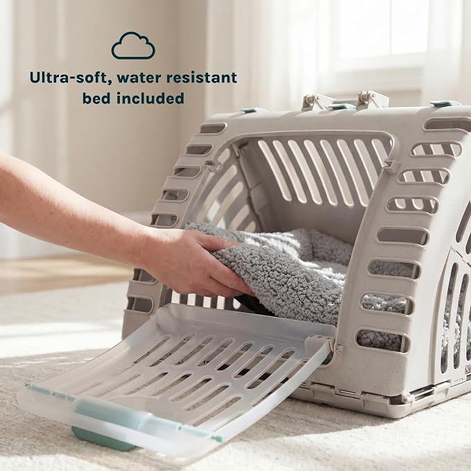 SportPet X-Large Hard-Sided Travel Cat Carrier - Cat Carrier with Patented Wide Side-Opening Door, Foldable Portable Pet Carrier with Removable Bed for Cats & Small Pets up to 35lbs - Gray
