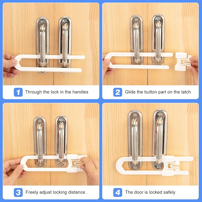 Vmaisi No Drill U-Shaped Sliding Cabinet Locks Baby Proofing, 4 Pack | Adjustable Child Safety Locks for Cabinets with Handles or Knobs, Childproof Latches for Kitchen Bathroom Storage Cupboards