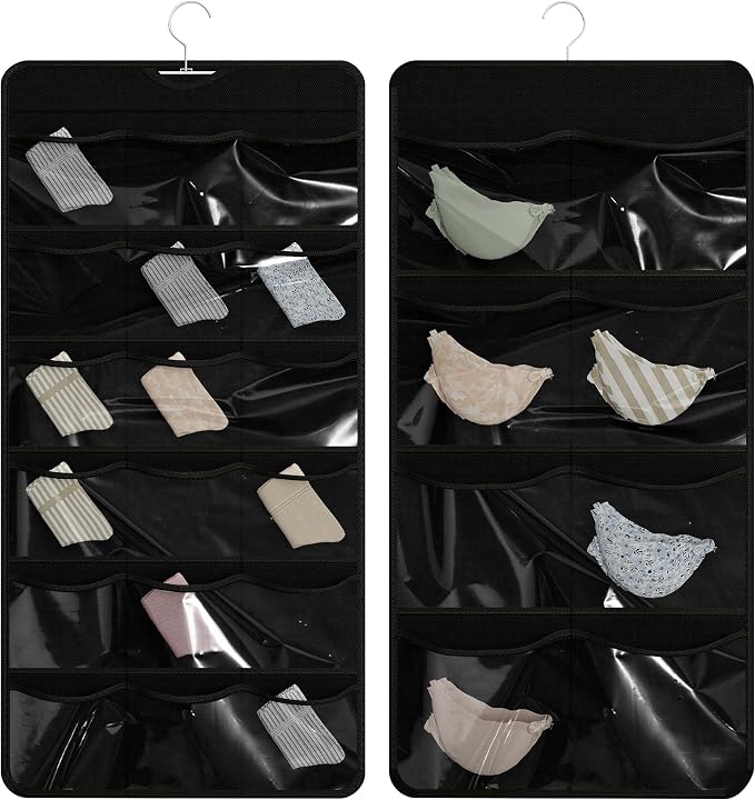 26-Pocket Hanging Closet Organizer for Socks and Underwear, Black | Non-woven clear compartments keep bras & leggings visible; swivel hook fits wardrobe, closet rod, wall, door or shelves.