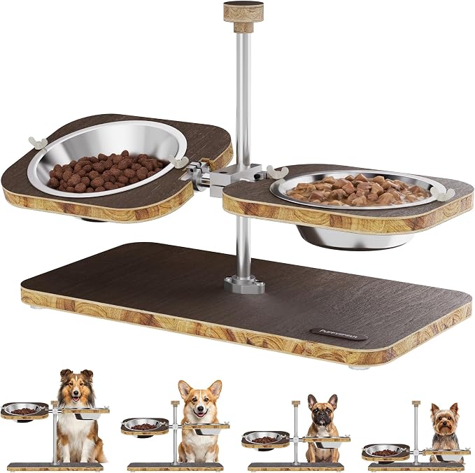 Puppyspout Elevated Dog Bowls, Adjustable Height & Tilt Bowl Stand | 2x16oz 304 food-grade bowls, independent tilt, FSC-Certified Wood non-slip wood base for cats, puppies & small to medium dogs