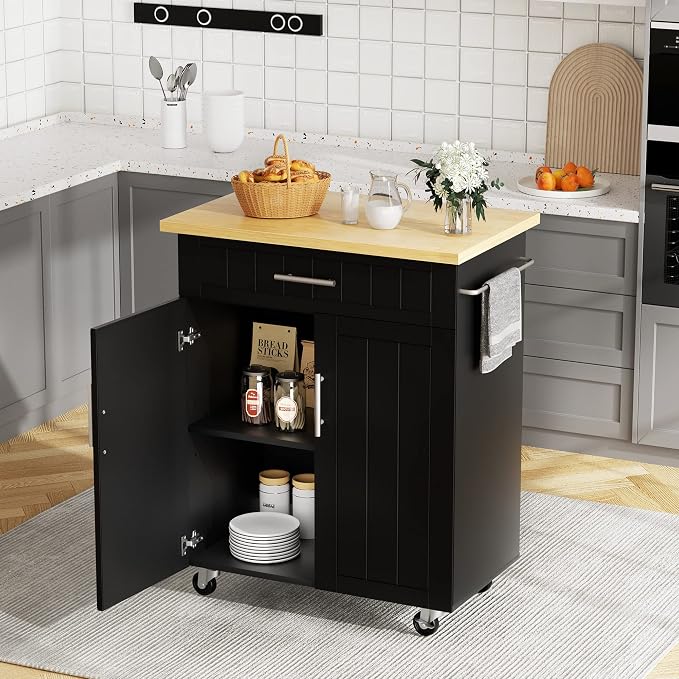 JY QAQA 26" Rolling Kitchen Island Cart with Storage,Black | Mobile Storage Cabinet with Drawer & Inner Shelves, Kitchen Prep Cart with Towel Rack for Dining Room Apartment