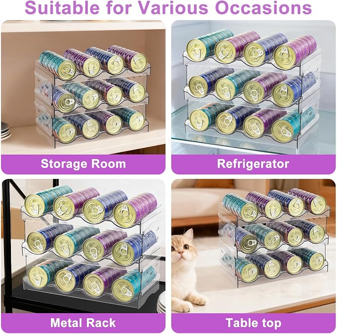 REFLYING Cat Food Can Organizer 3-Tier Holds 72 Cans Acrylic | Clear acrylic 3-tier cat food can organizer,Holds 72 cans 3oz-12.5oz,Stackable pantry storage for multi-cat households