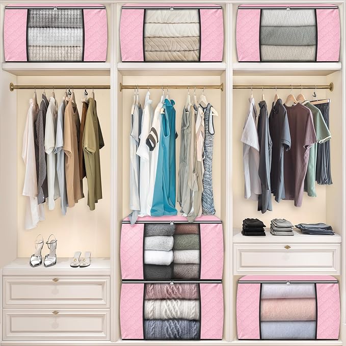 90L Clothes Storage, Foldable Thick Fabric Blanket Storage Bags | Foldable Containers with Zippers,Window and Handles for Organizing Bedroom, Closet, Comforter, Bedding,Dorm essentials