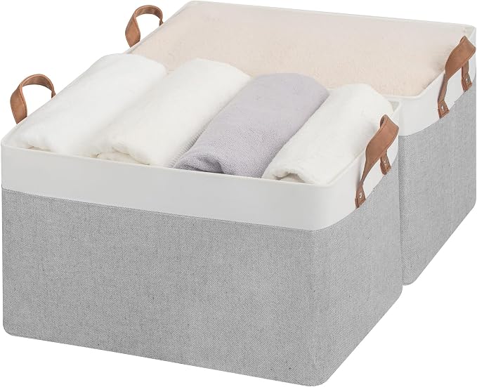 StorageWorks Fabric Storage Bins, Gray and White, Extra Large, 2-Pack | With Reinforced PU Handles, Metal Frame, Collapsible, Storage Basket for Shelves, Closet, Holds Clothes, Towels, Blankets