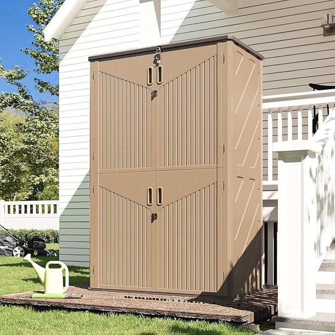 Aoxun Outdoor Storage Shed, 64 Cu.Ft Vertical Storage Sheds, Brown | Outdoor Waterproof Storage Cabinet for Garage Storage, Resin Sheds Outdoor with Floor