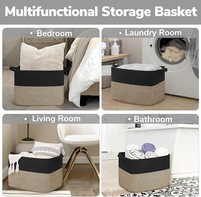 Goodpick 50L Large Woven Storage Basket, 18" x 14" x 12", Black Jute | Decorative Gift Basket for Nursery & Bedroom Organization, Wicker Baskets for Blankets, Pillows & Toys Storage, Rectangle