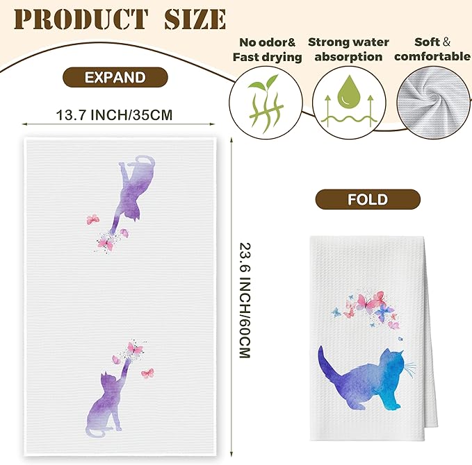 Kitchen Towels Set Of 2, Colorful Cat Dish Towel For Kitchen, Decorative Hand Towels For Bathroom, Fast Drying Tea Towel With Aesthetic Butterfly, Housewarming Gifts For Cat Lover Women Mom -B08
